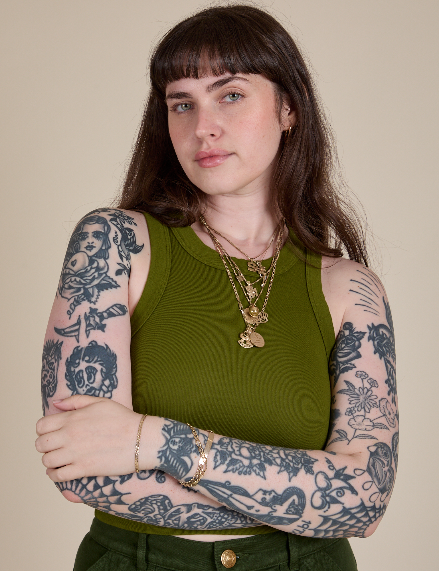 Close up of Racerback Tank in Summer Olive on Sydney