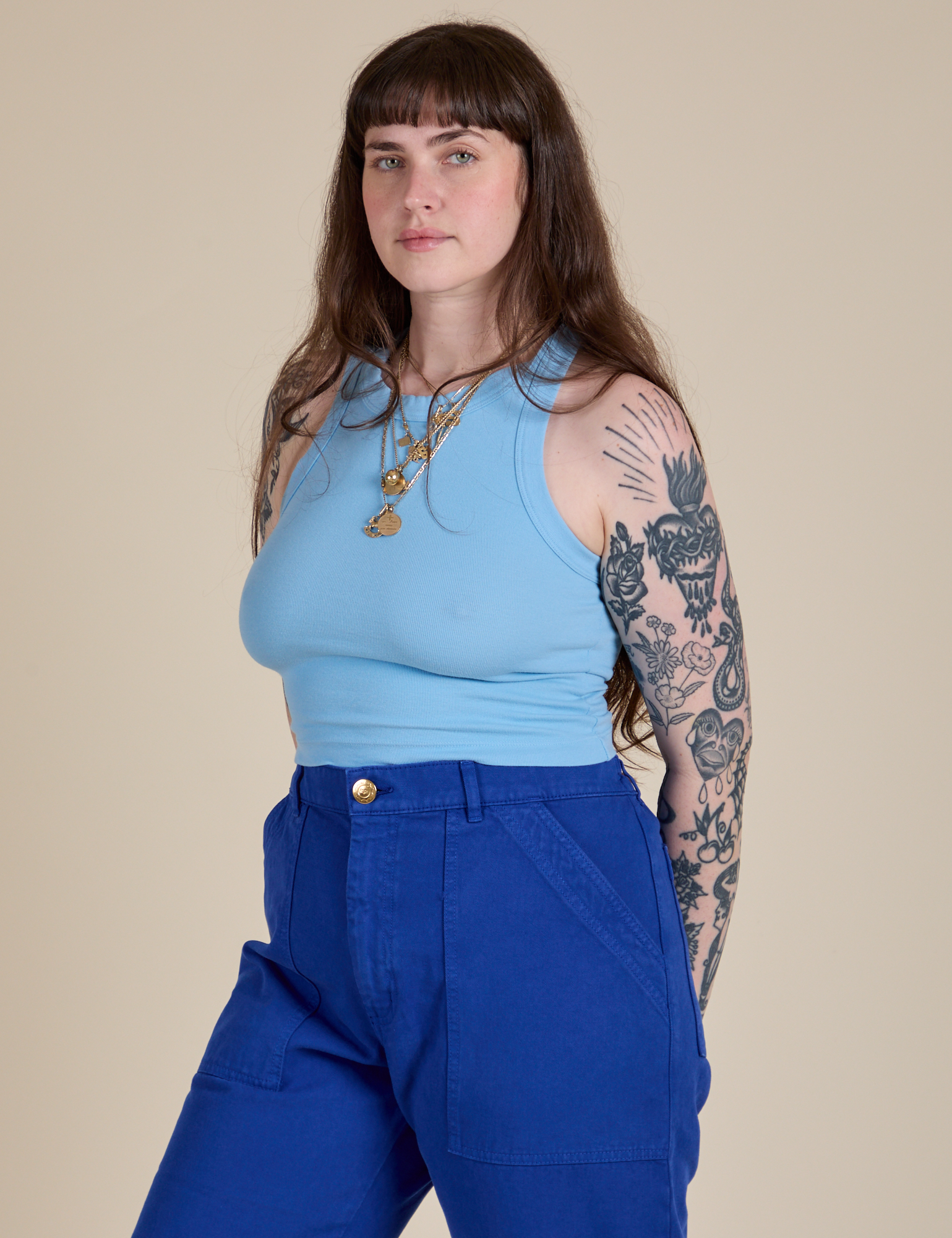 Racerback Tank in Baby Blue angled view on Sydney