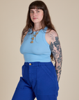 Racerback Tank in Baby Blue angled view on Sydney