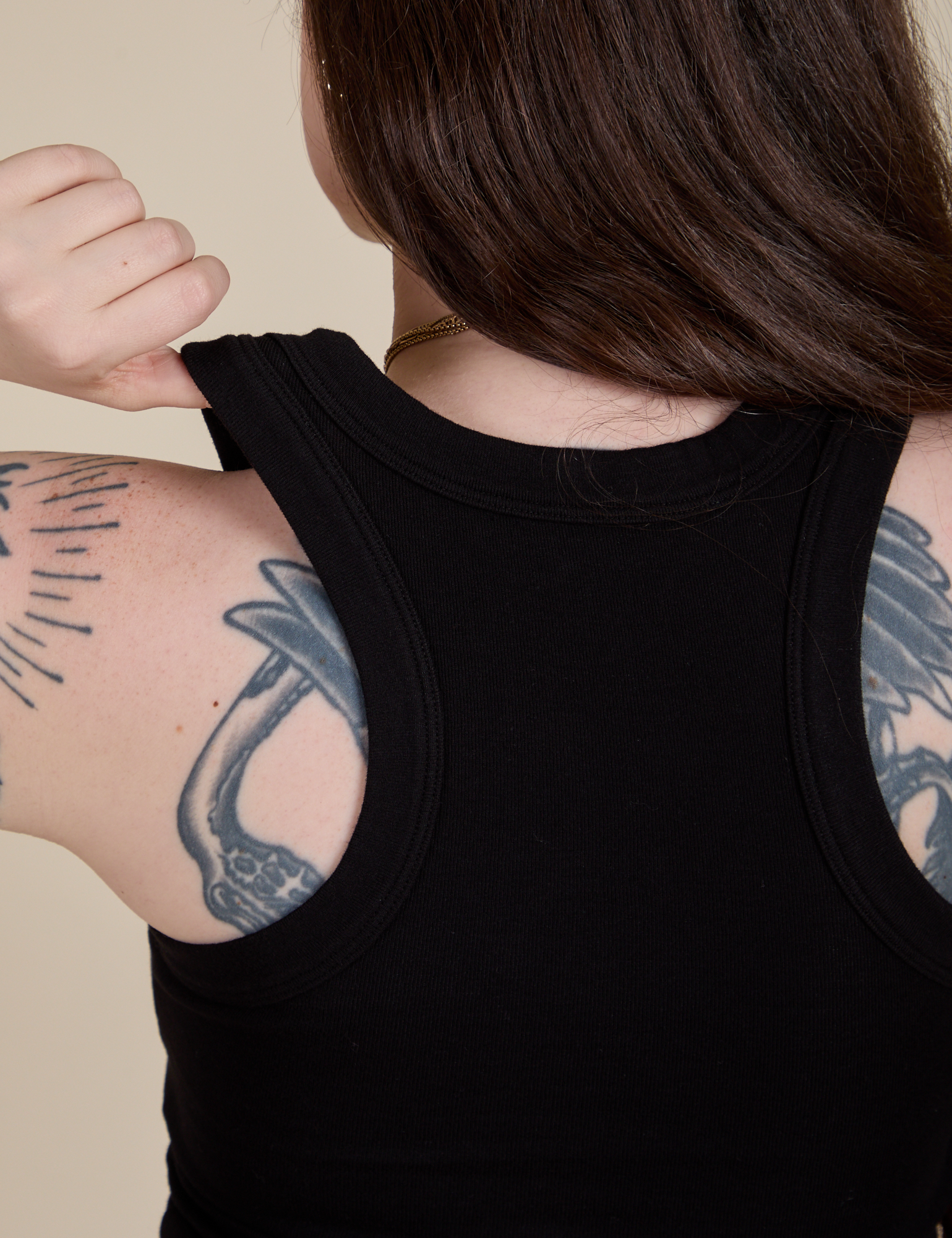 Racerback Tank in Black back view close up on Sydney