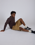Longline Work Shorts in Desert Brown and espresso brown Long Sleeve Burly Tee on Isaac