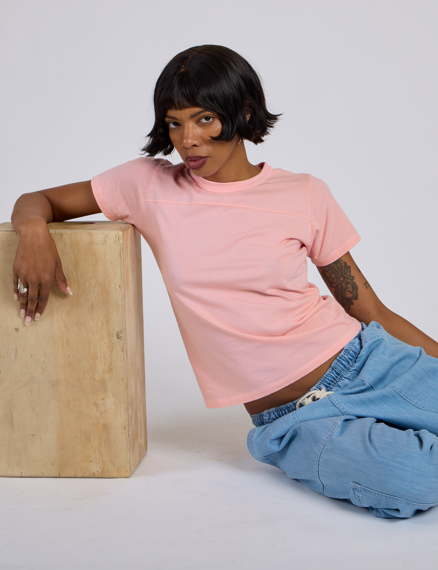 Jr. Varsity Tee in Baby Pink on Kira