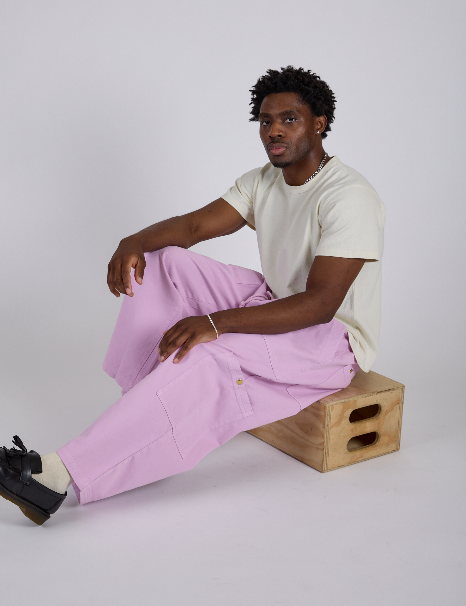 Drop Pocket Cargo Pants in Lilac Purple and Organic Vintage Tee in Vintage Tee White on Isaac