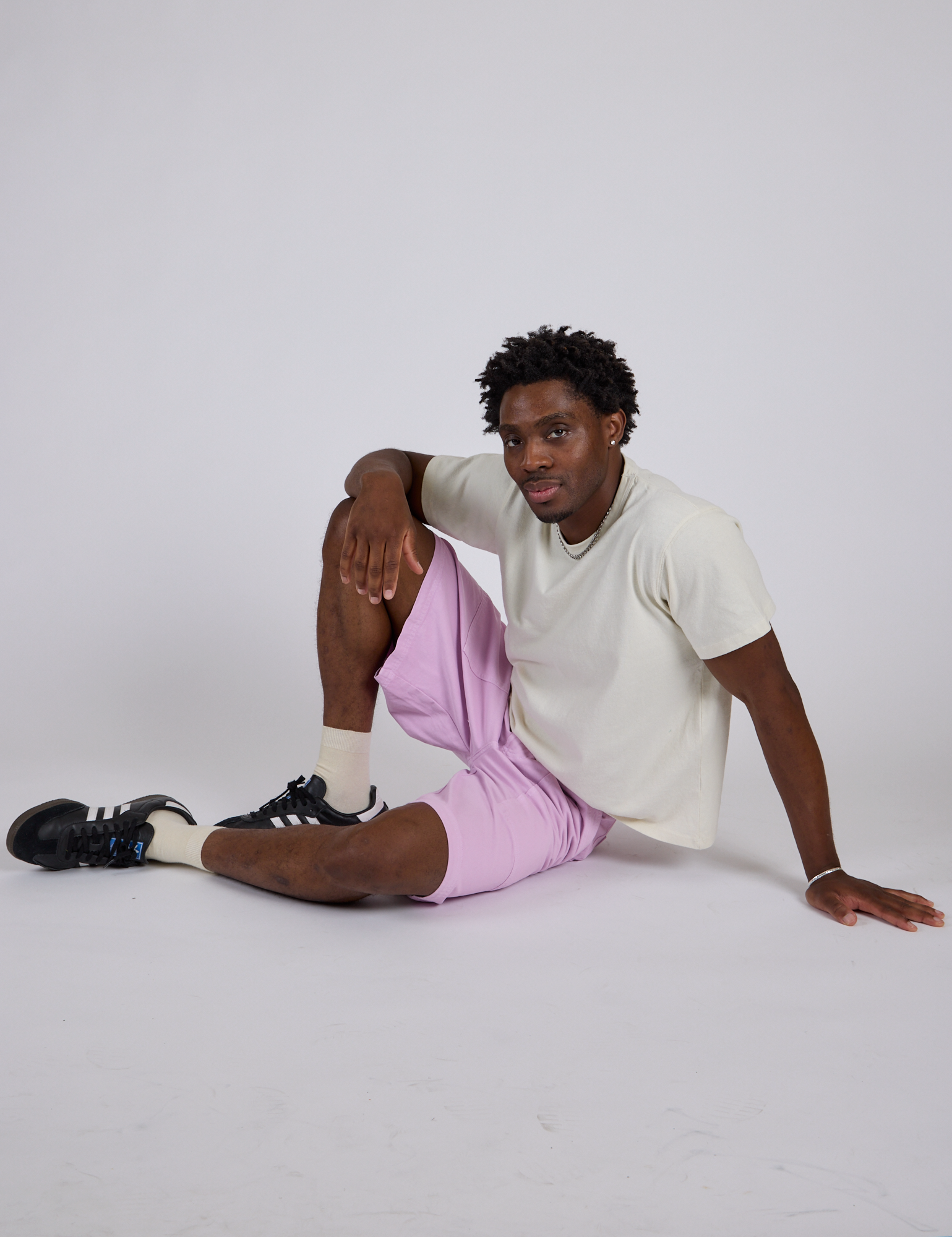 Longline Work Shorts in Lilac Purple and Organic Vintage Tee in Vintage Tee White on Isaac