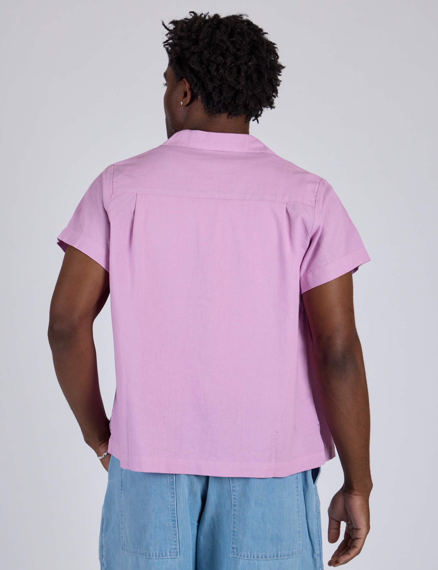 Pantry Button-Up in Lilac Purple back view on Isaac