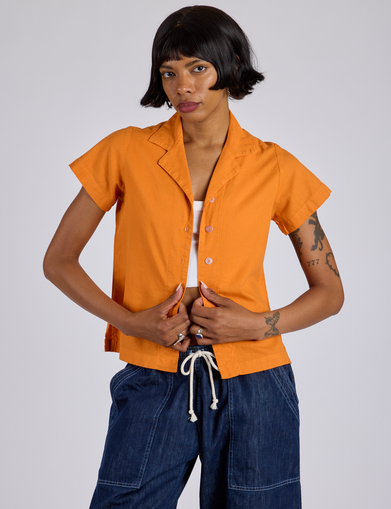 Pantry Button-Up in Creamsicle Orange on Kira