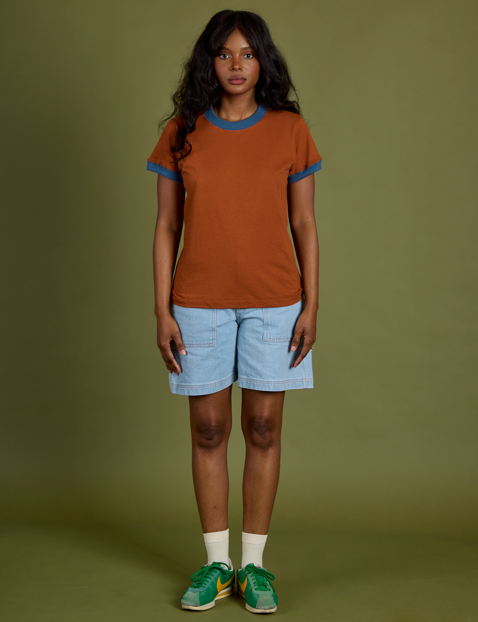 Vintage Ringer Tee in Burnt Terracotta and light wash Carpenter Shorts on Kandia