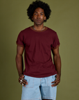 Jerrod is 6’3” and wearing M Vintage Ringer Tee in Red Wine