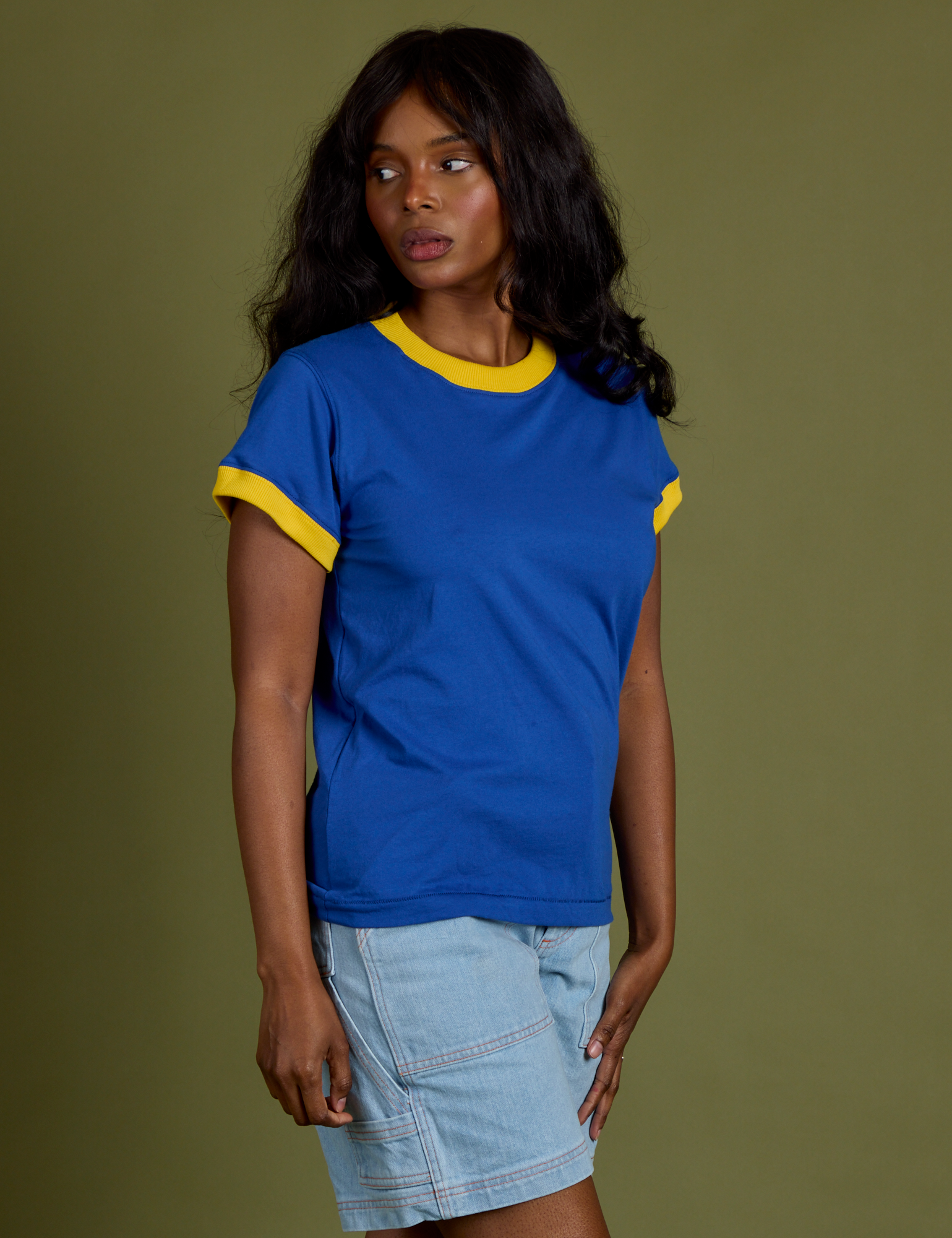 Vintage Ringer Tee in Royal Blue angled front view on Kandia