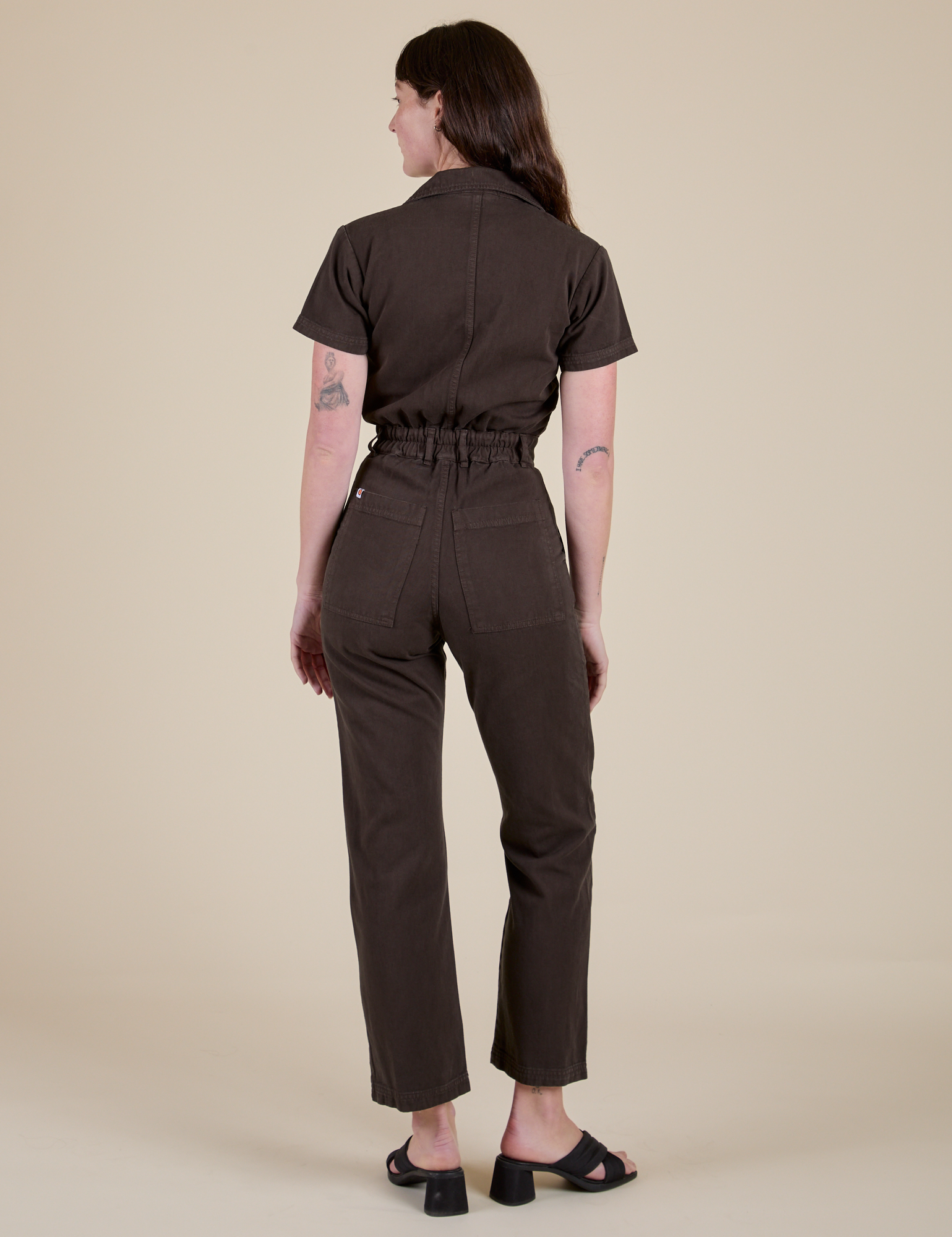Back view of Short Sleeve Jumpsuit in Espresso Brown on Alex