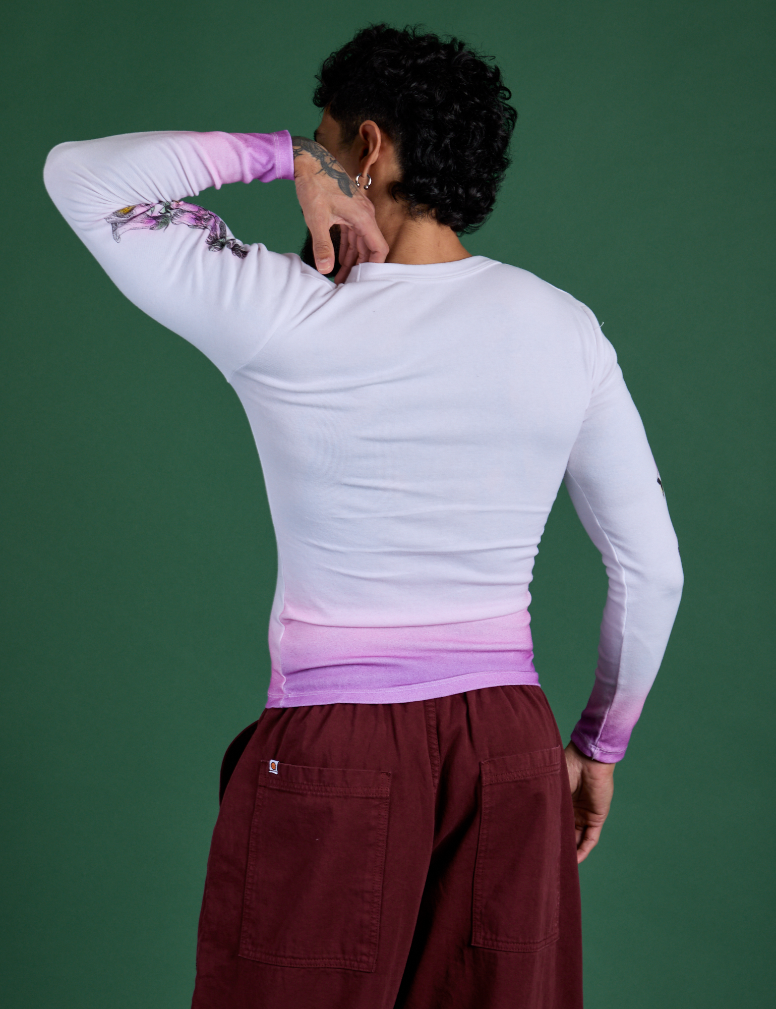Floral Long Sleeve Baby Tee in Pink back view on Jesse