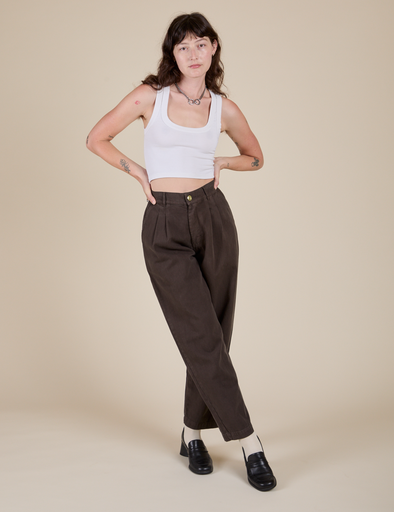 Heavyweight Trousers in Espresso Brown and Cropped Tank in vintage tee white on Alex