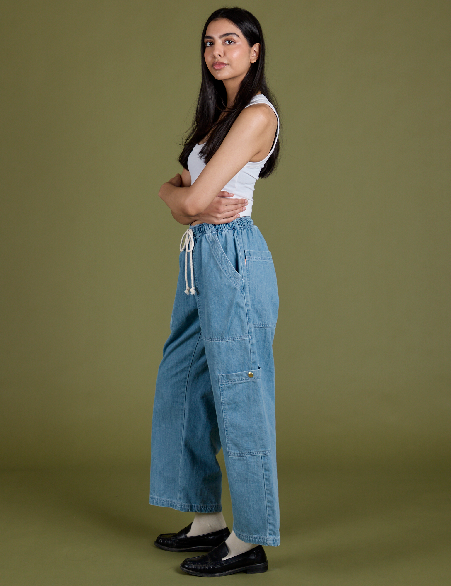 Denim Drop Pocket Pants in Light Wash side view on Anjaline