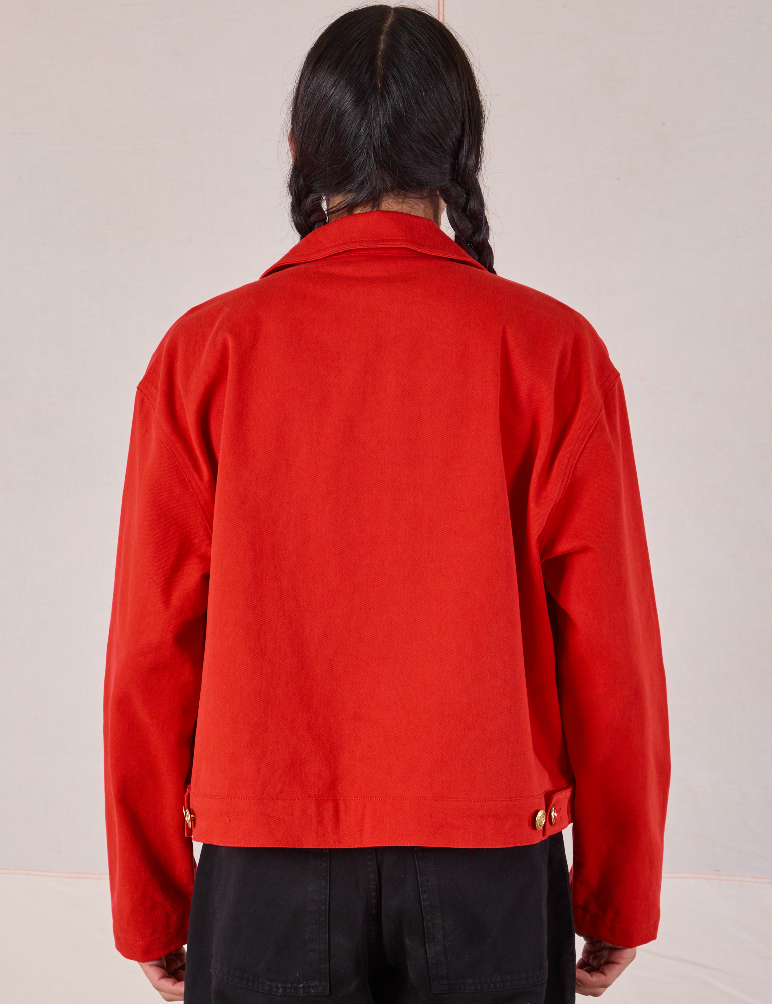 Mechanic Jacket in Mustang Red back view on Anthony