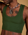 Close up of Mini Tank in Evergreen worn by Jerrod