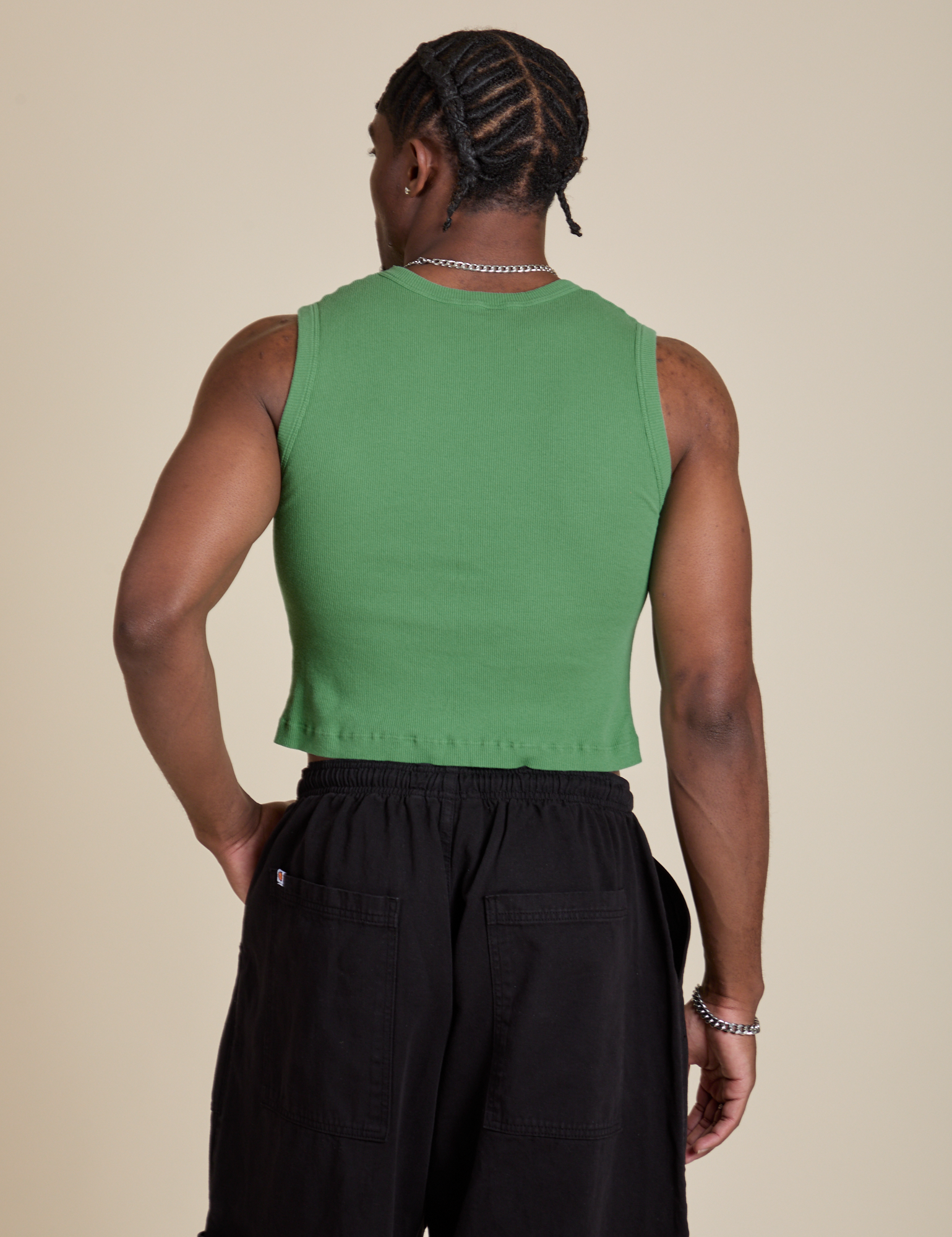 Muscle Tee in Seafoam Green back view on Isaac