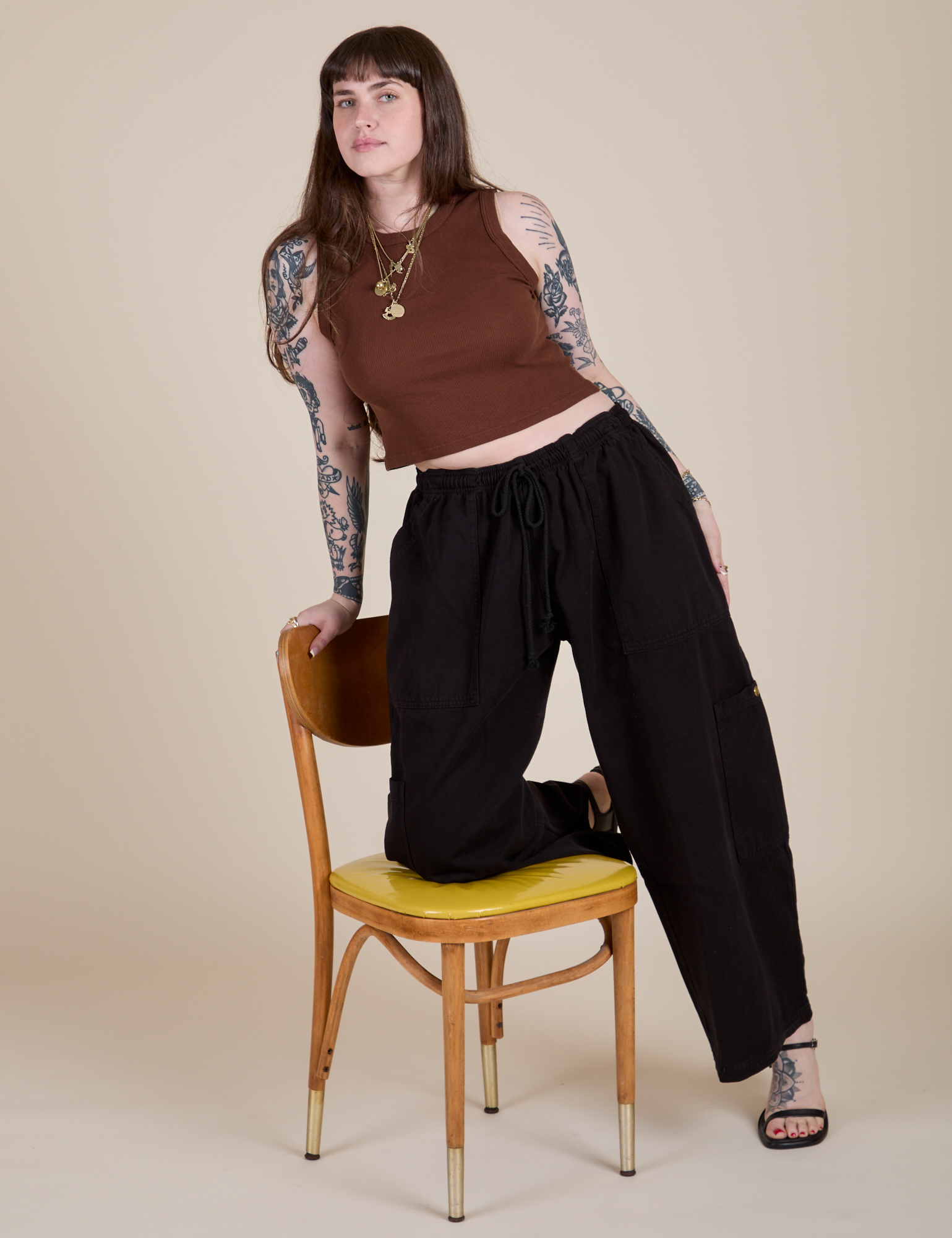 Muscle Tee in Fudgesicle Brown and black Drop Pocket Cargo Pants on Sydney