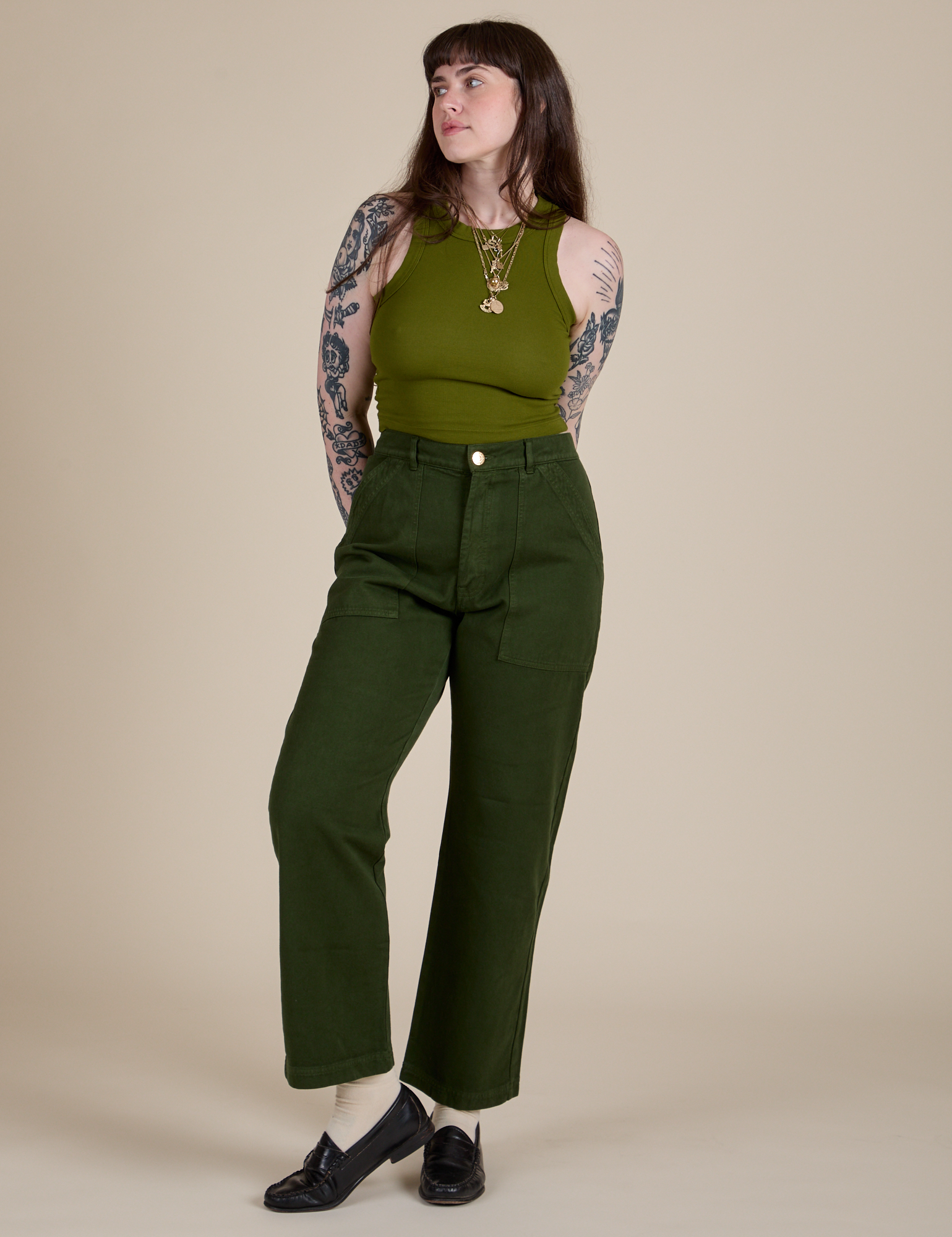Racerback Tank in Summer Olive and Work Pants in Swamp Green on Sydney