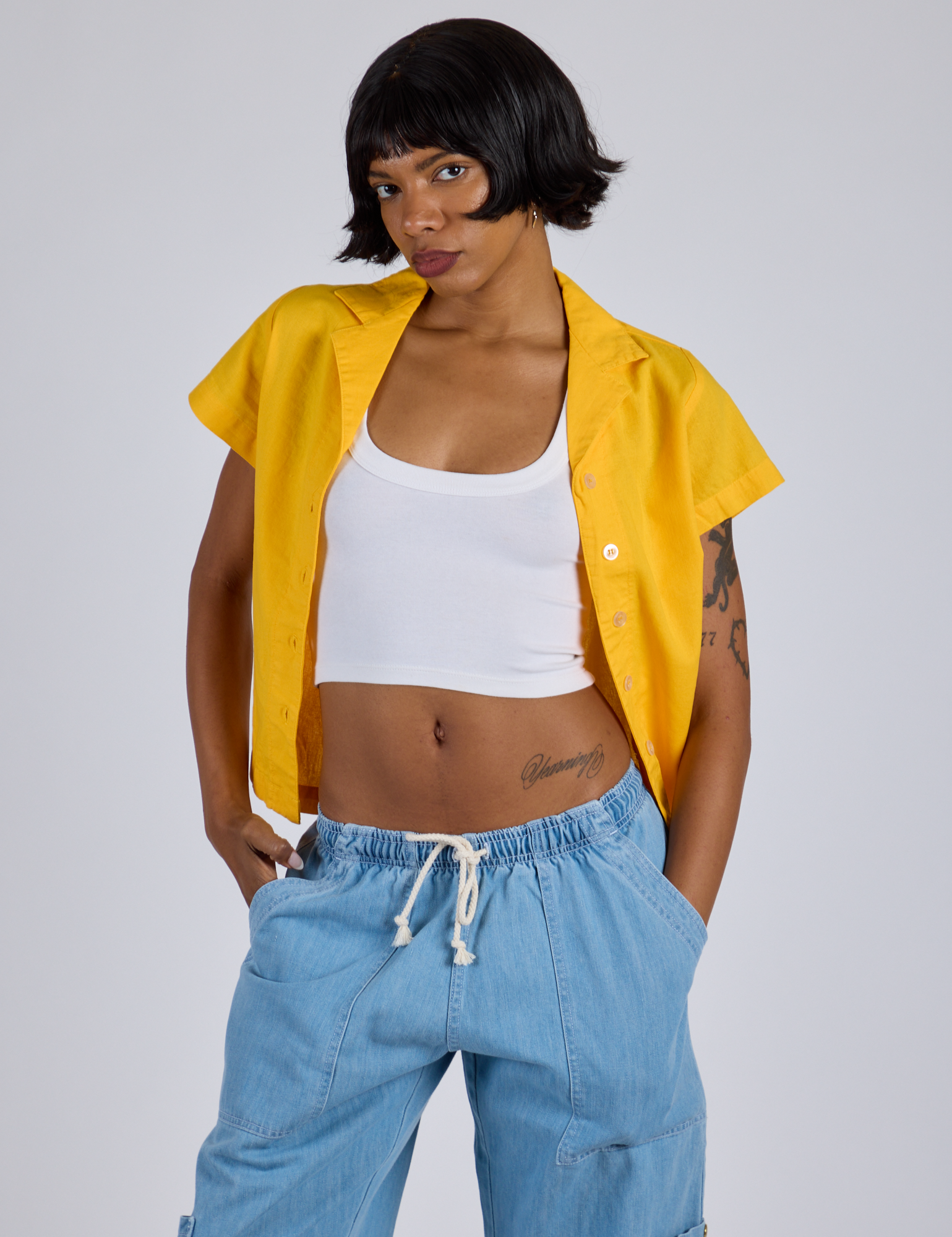 Pantry Button-Up in Sunshine Yellow worn by Kira