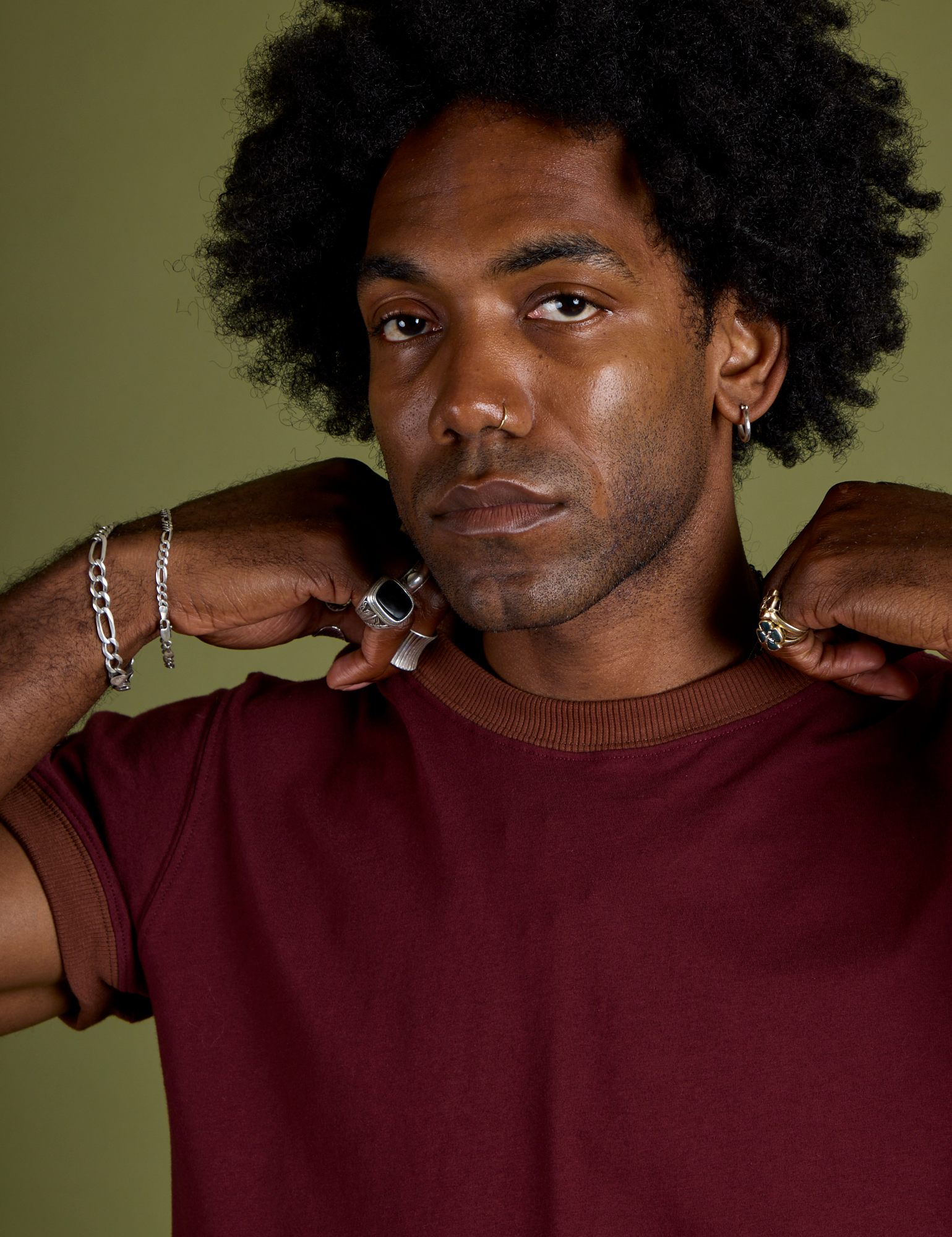 Vintage Ringer Tee in Red Wine front close up on Jerrod