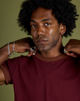 Vintage Ringer Tee in Red Wine front close up on Jerrod