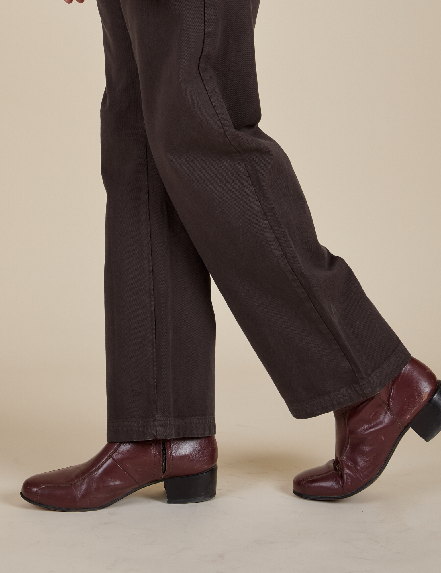 Close up pant leg side view of Work Pants in Espresso Brown on Jesse