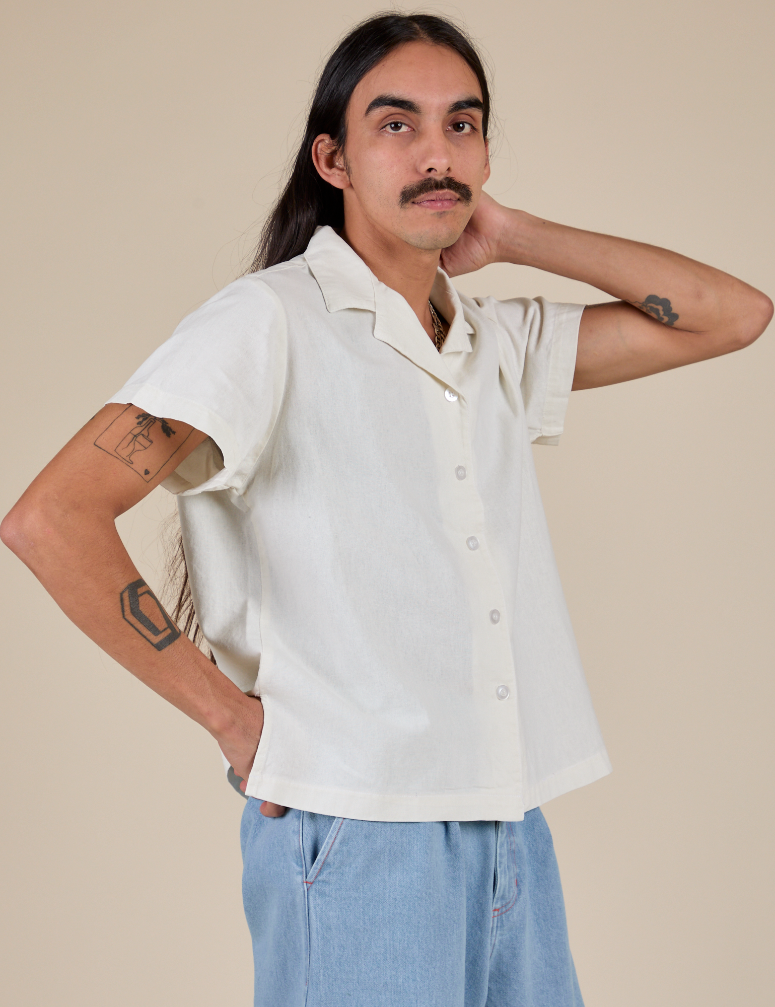 Pantry Button-Up in Vintage Tee White angled front view on Anthony