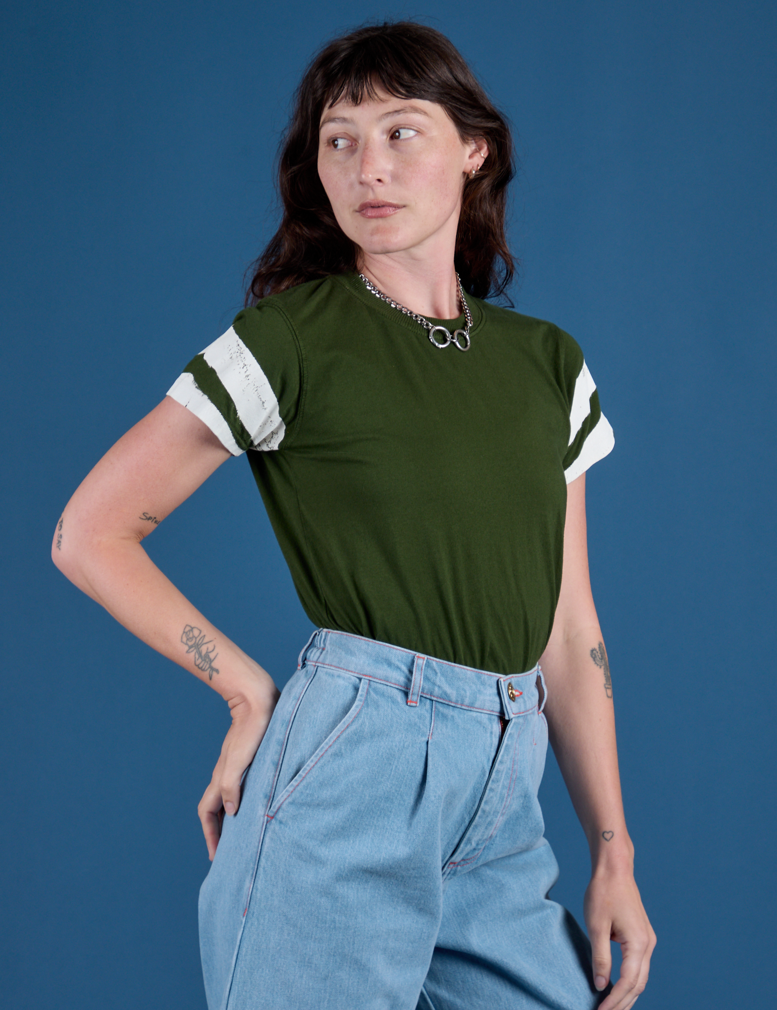 Angled front view of Painted Vintage Tee in Evergreen  on Alex