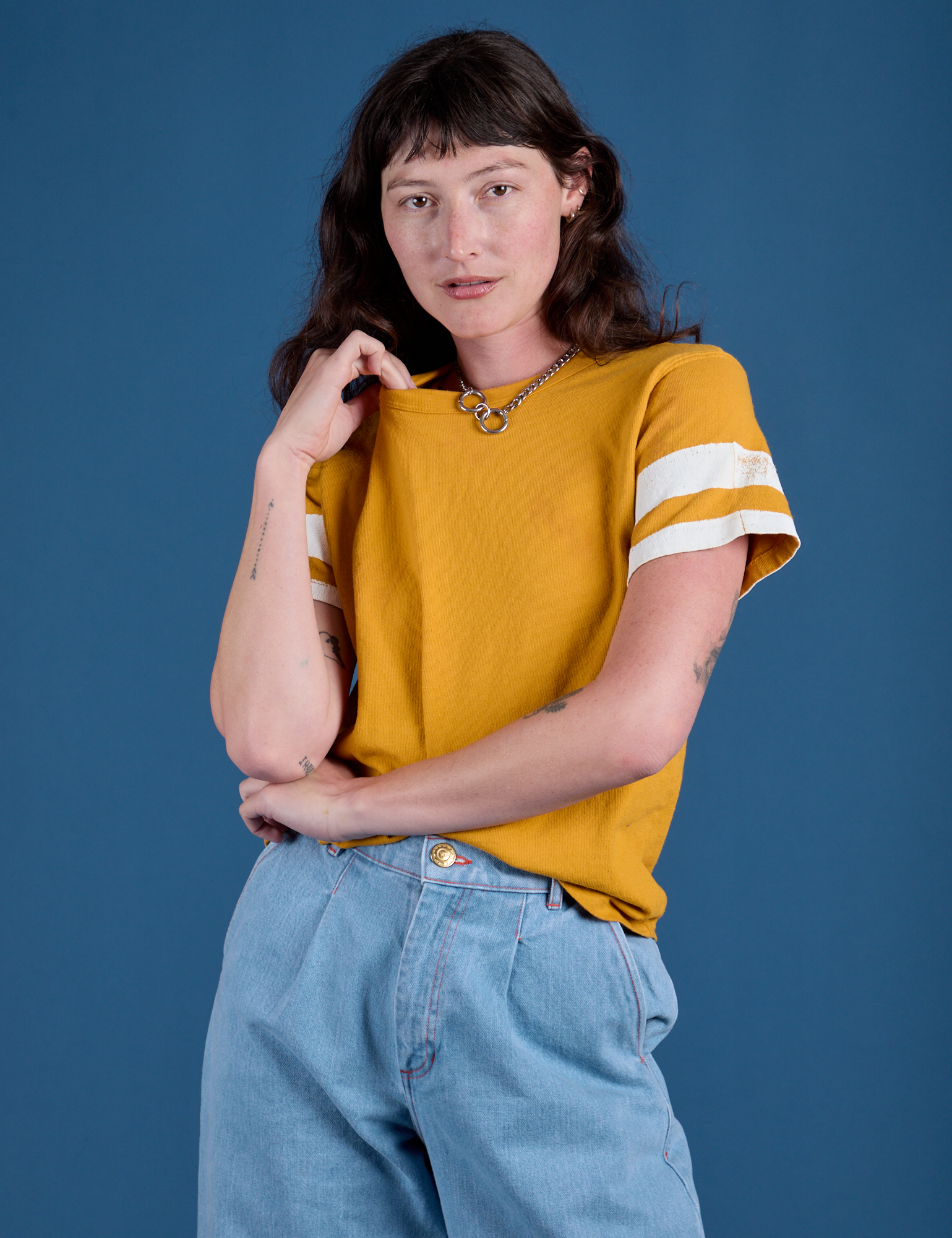 Painted Burly Tee in Mustard Yellow on Alex