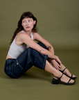 Denim Drop Pocket Pants in Dark Wash and Cropped Tank in Vintage Tee White on Alex