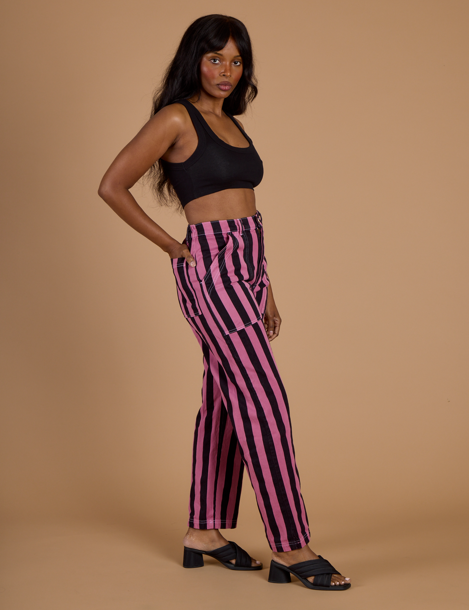 Black Stripe Work Pants - Bubblegum Pink