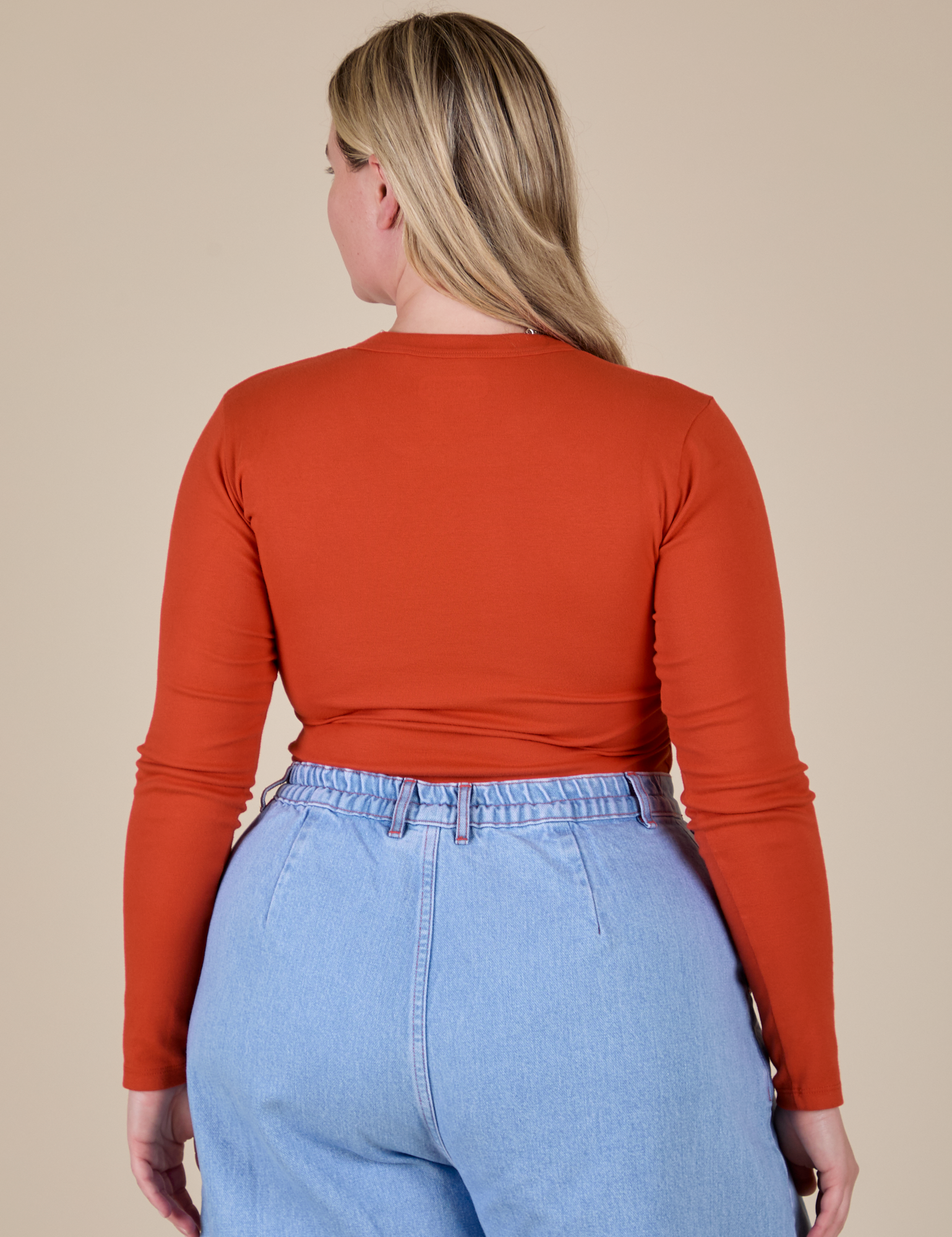 Long Sleeve Baby Tee in Chili Red back view on Lish