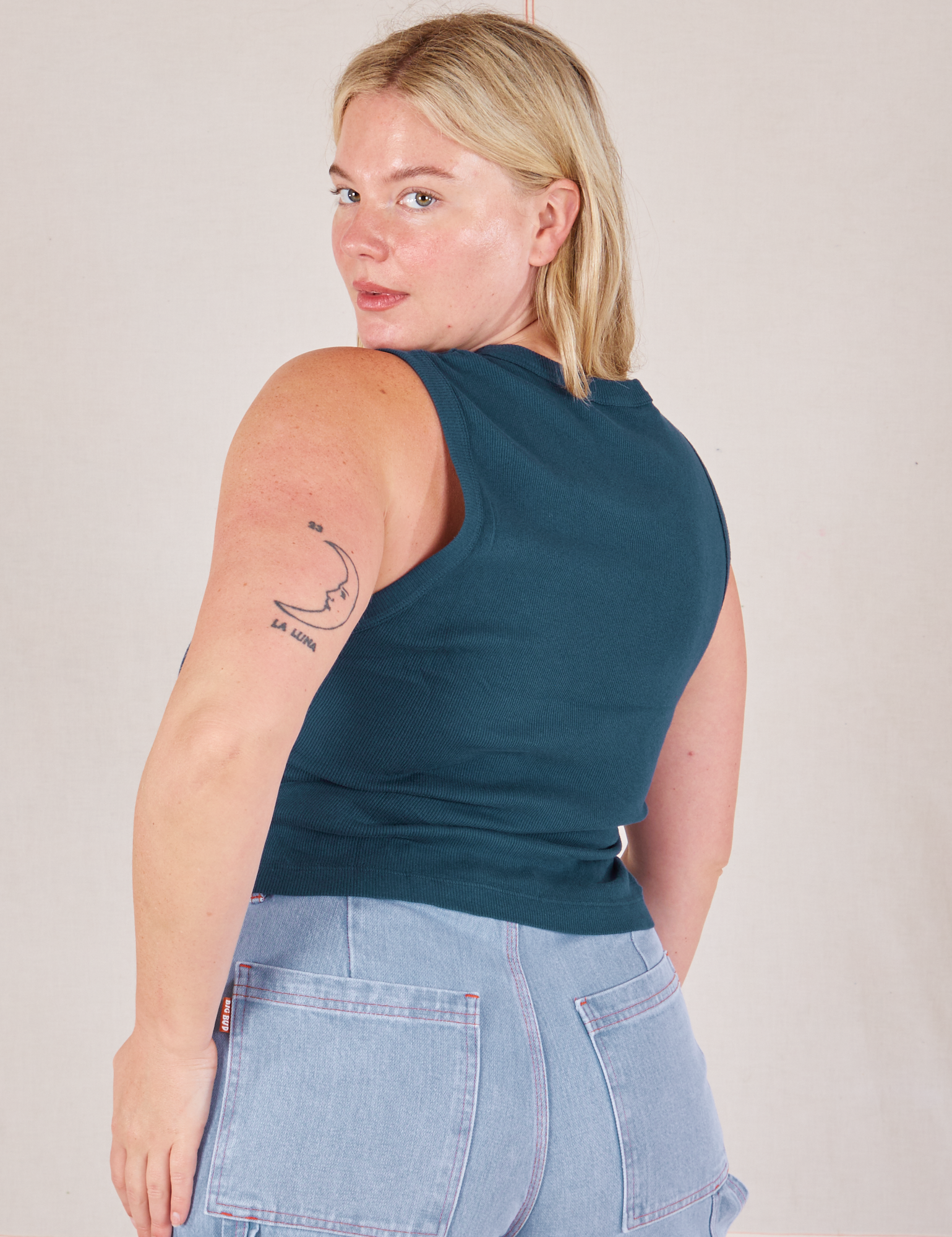 Muscle Tee in Lagoon angled back view on Lish