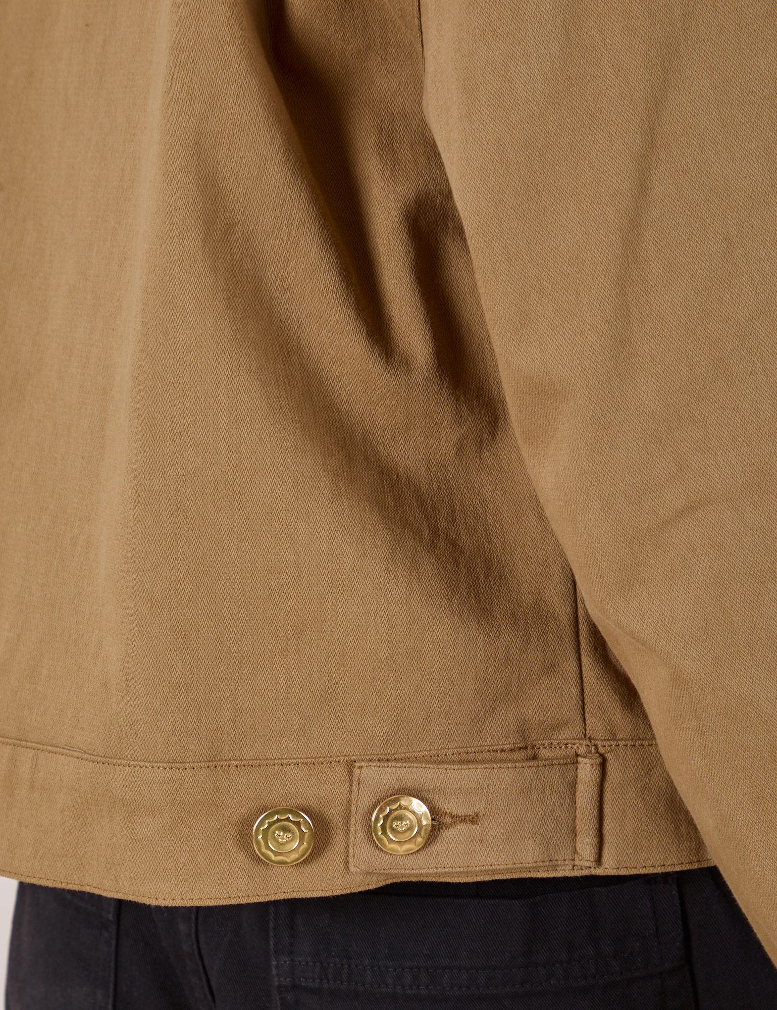 Mechanic Jacket in Desert Brown custom brass snaps close up 