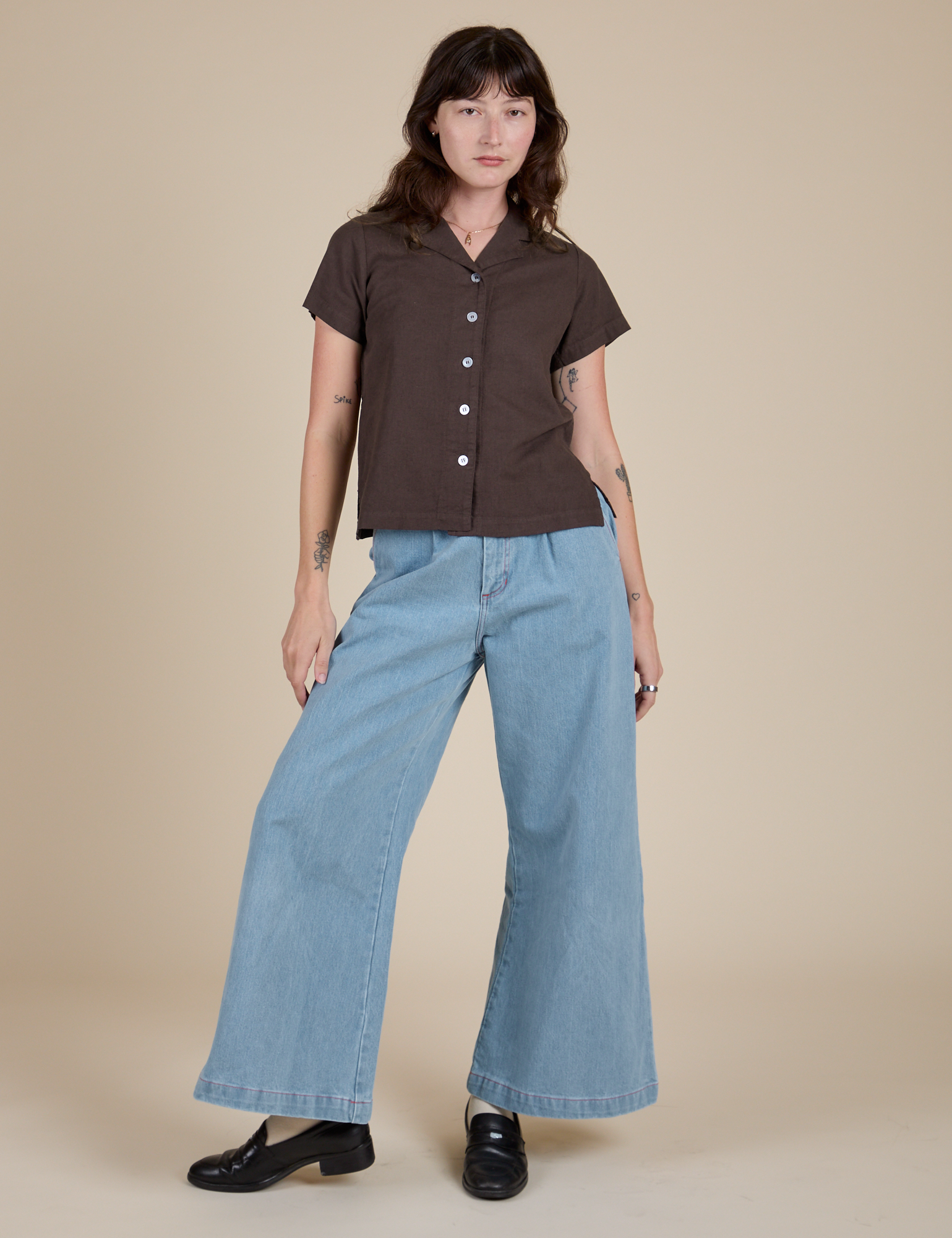 Pantry Button-Up in Espresso Brown and Indigo Wide Leg Trousers in Light Wash on Alex