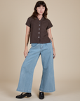 Pantry Button-Up in Espresso Brown and Indigo Wide Leg Trousers in Light Wash on Alex