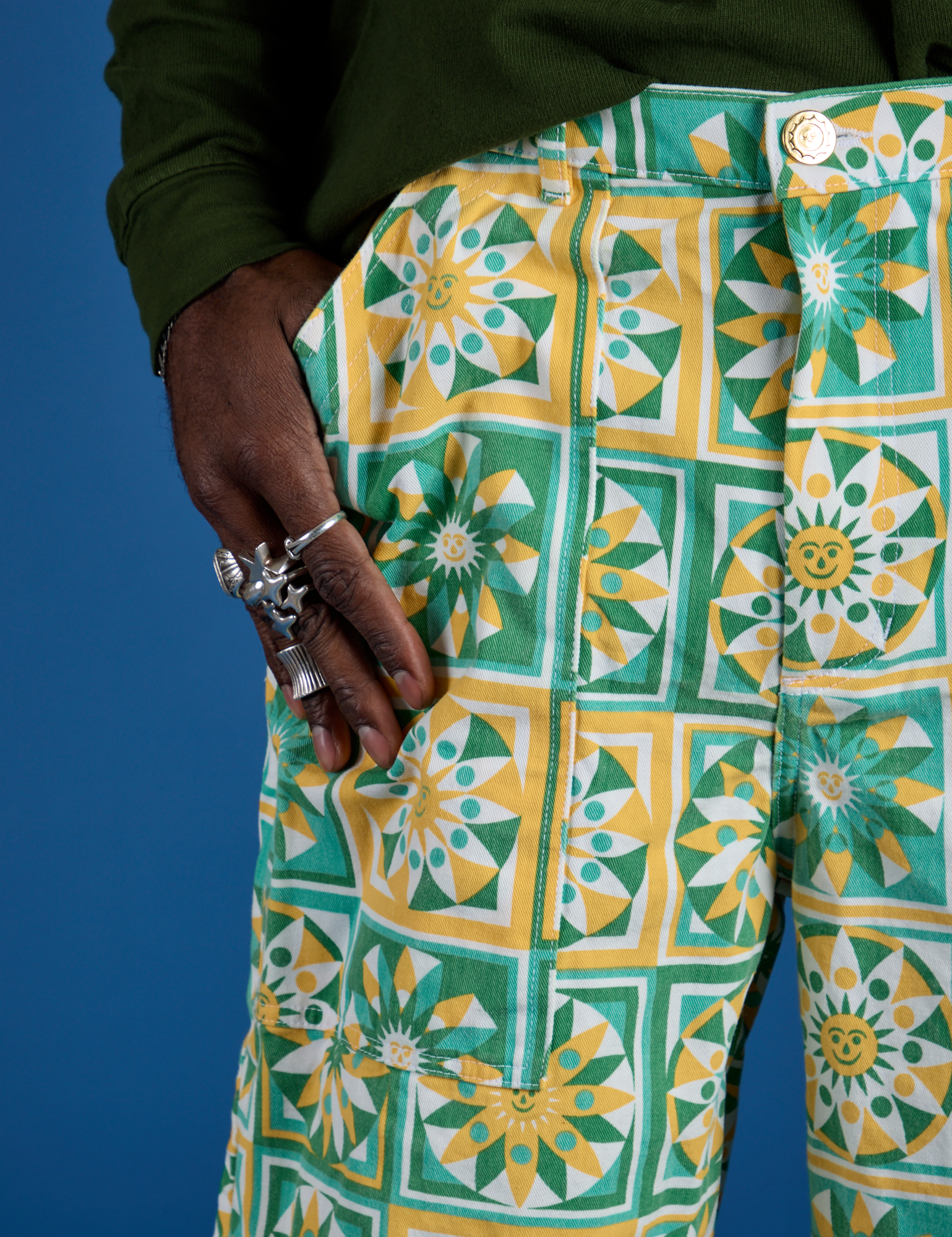 Front close up of Longline Work Shorts in Spring Quilt Print on Jerrod