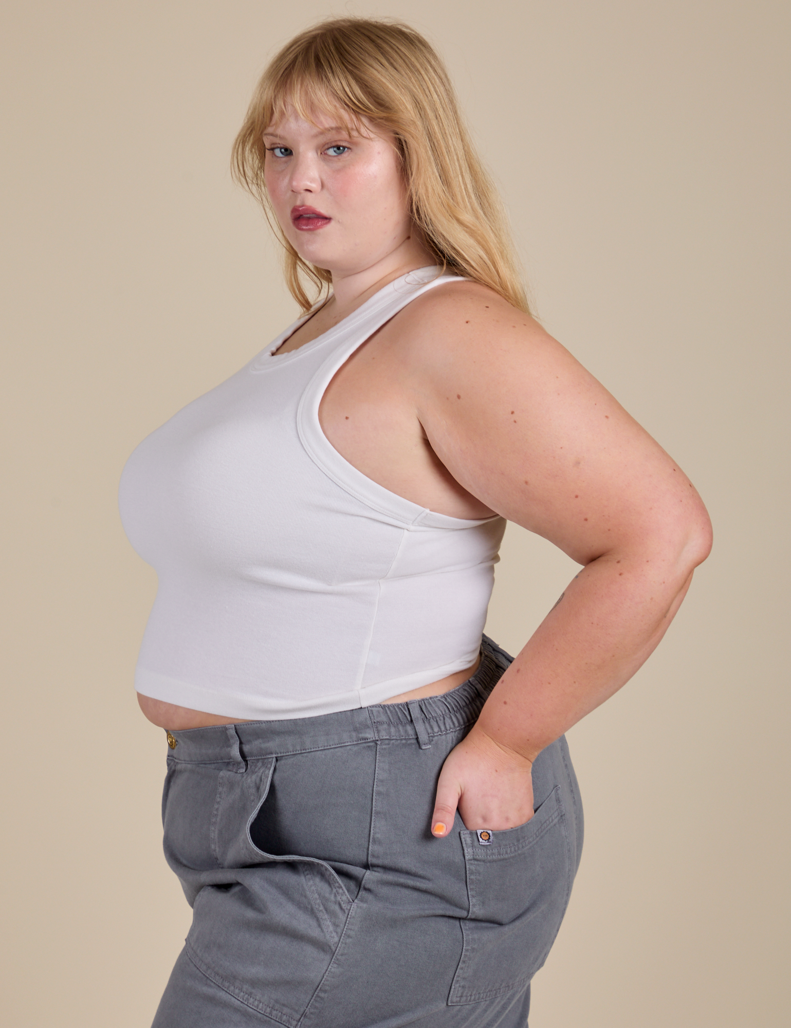 Racerback Tank in Vintage Tee White side view on Juliet