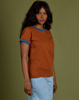 Angled front view of Vintage Ringer Tee in Burnt Terracotta on Kandia