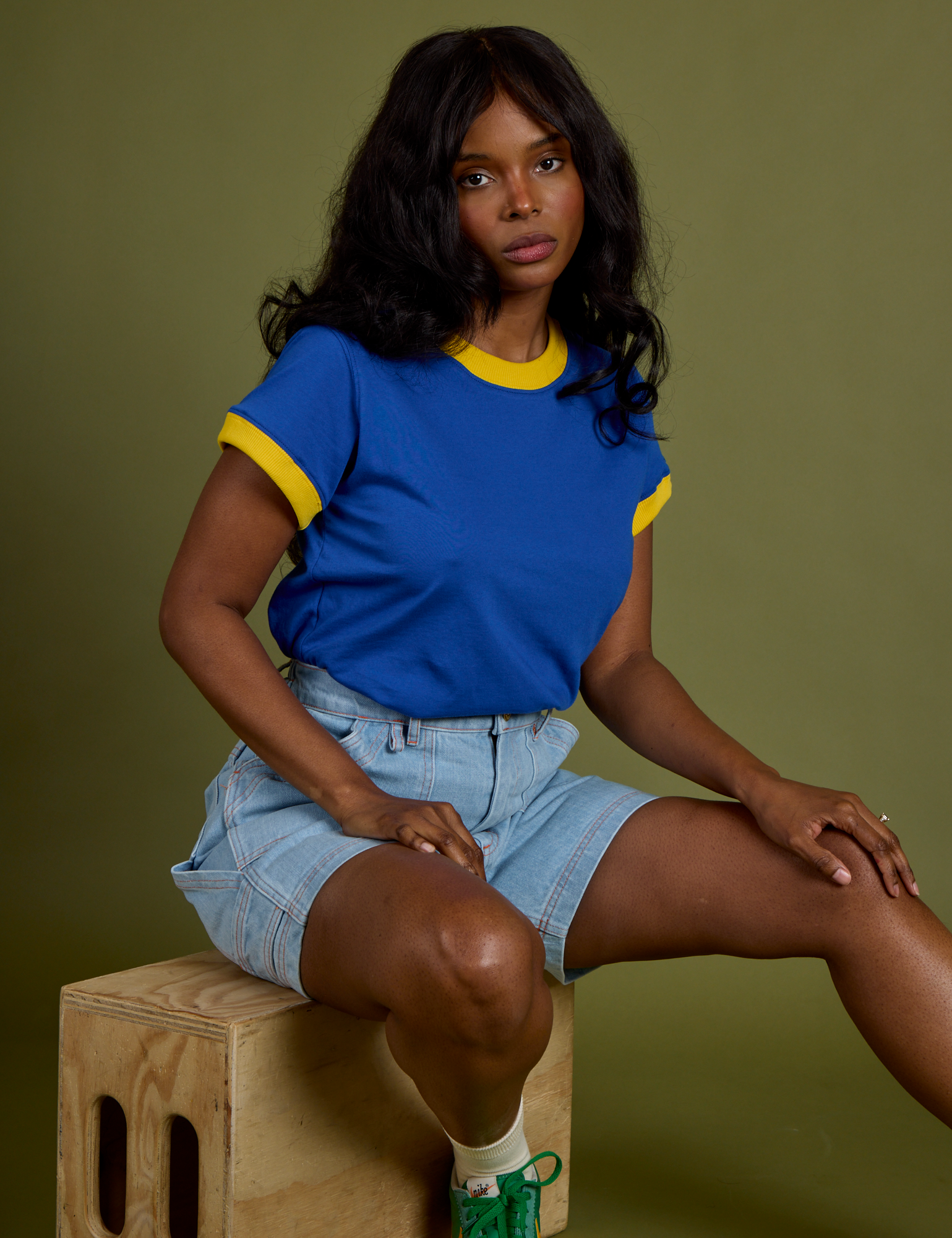 Vintage Ringer Tee in Royal Blue and Carpenter Shorts in Light Wash worn by Kandia