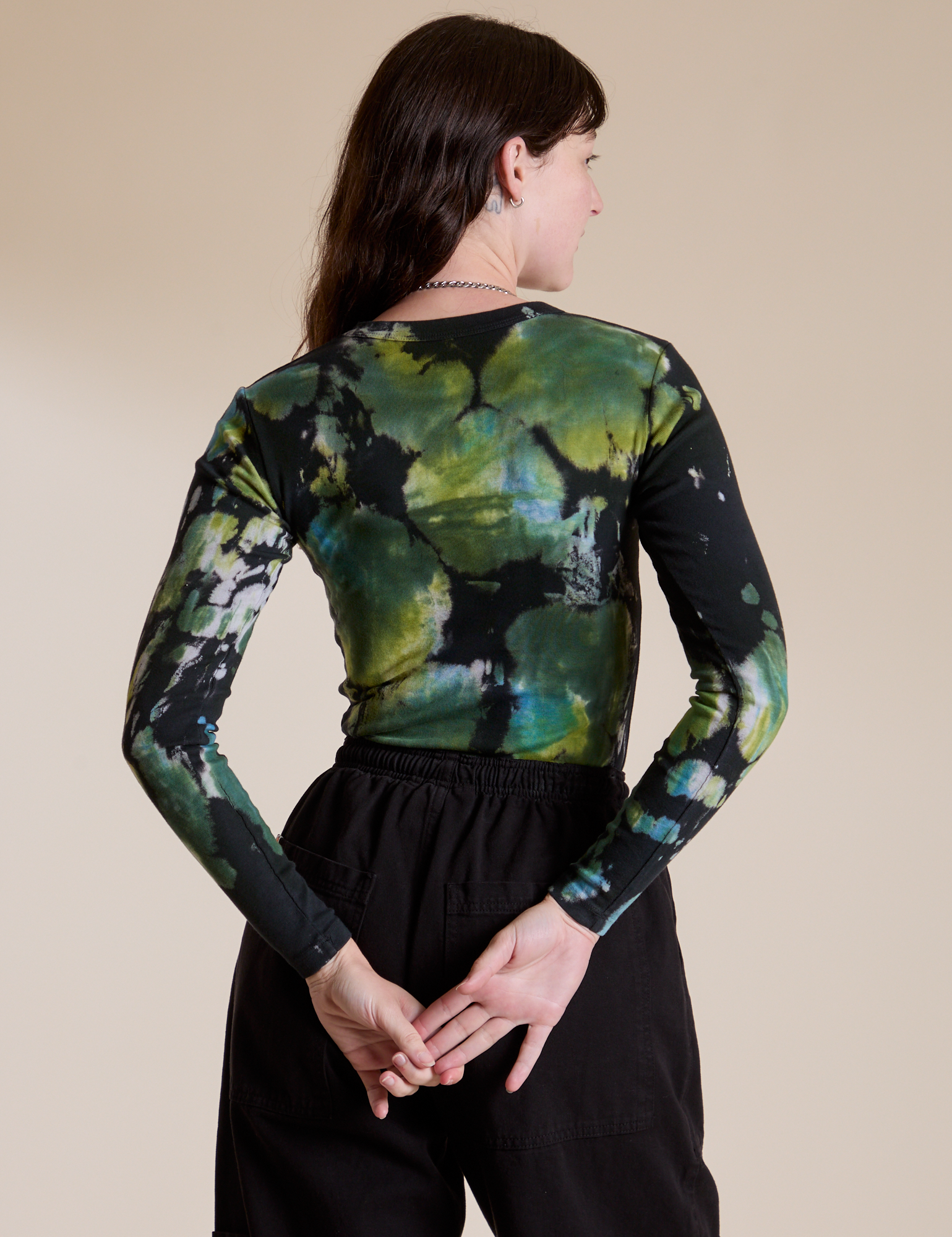 Long Sleeve Baby Tee in Green Pool back view on Alex