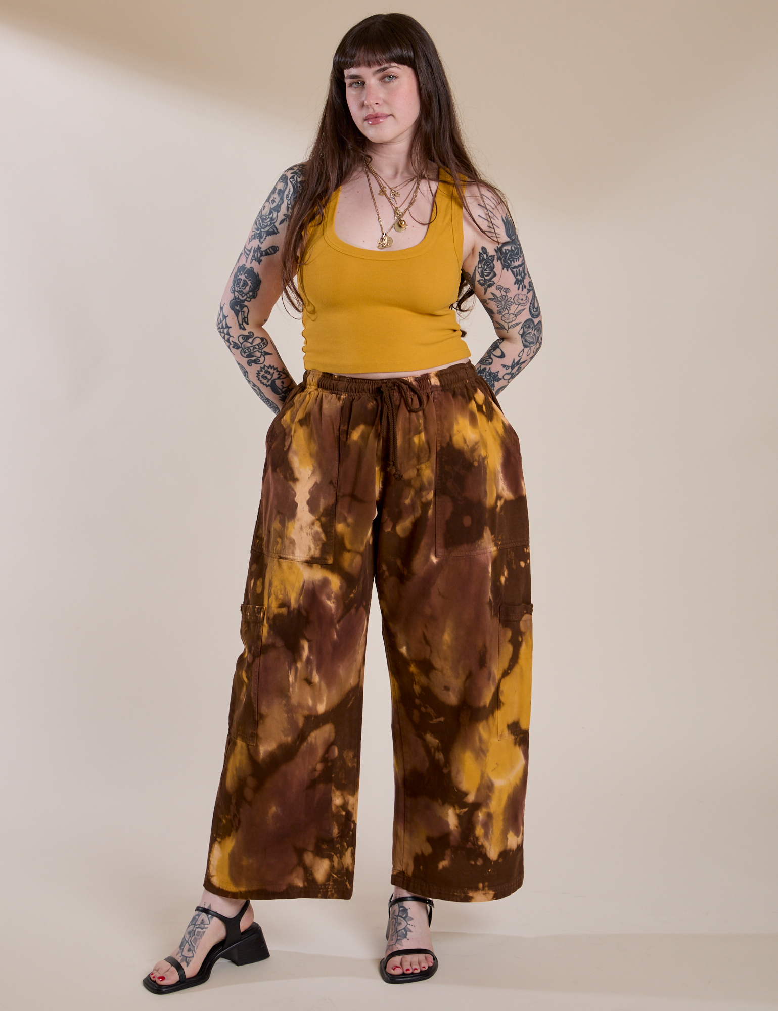 Magic Waters Drop Pocket Pants in Honey Brown and Cropped Tank in Mustard Yellow on Sydney