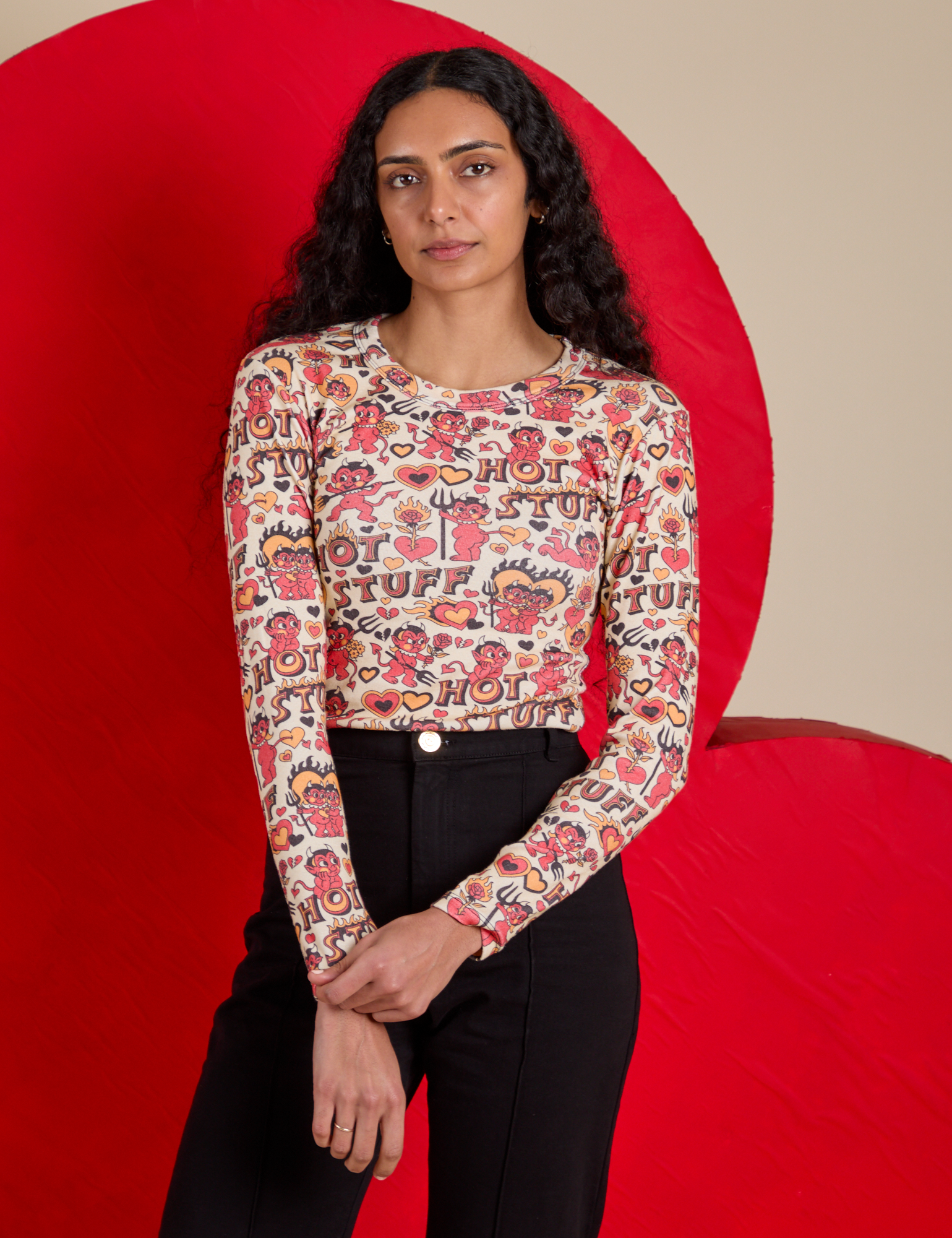 Long Sleeve Baby Tee in Hot Stuff Print on Shahana