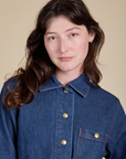 Indigo Denim Work Jacket in Dark Wash close up on Alex