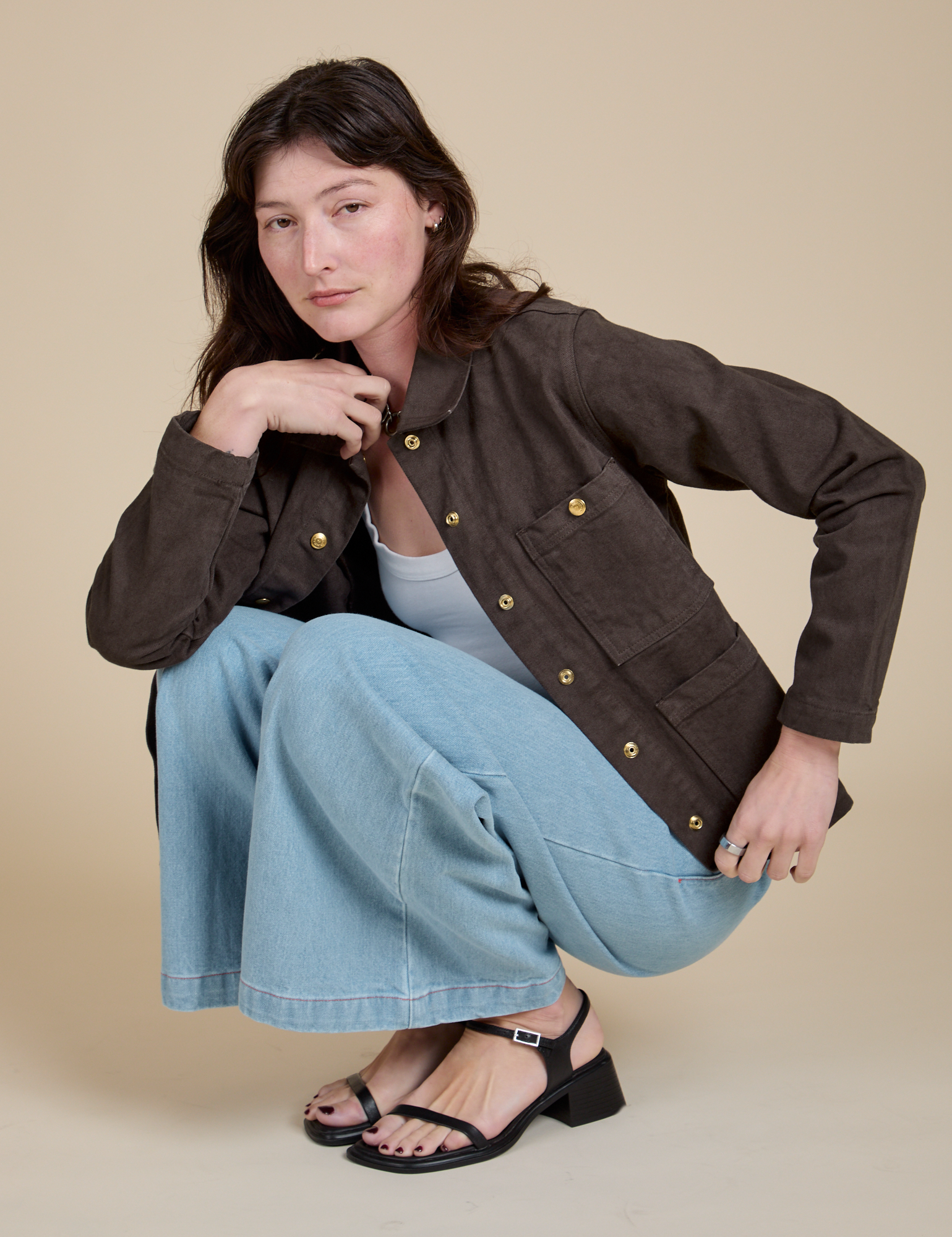Denim Work Jacket in Espresso Brown worn by Alex