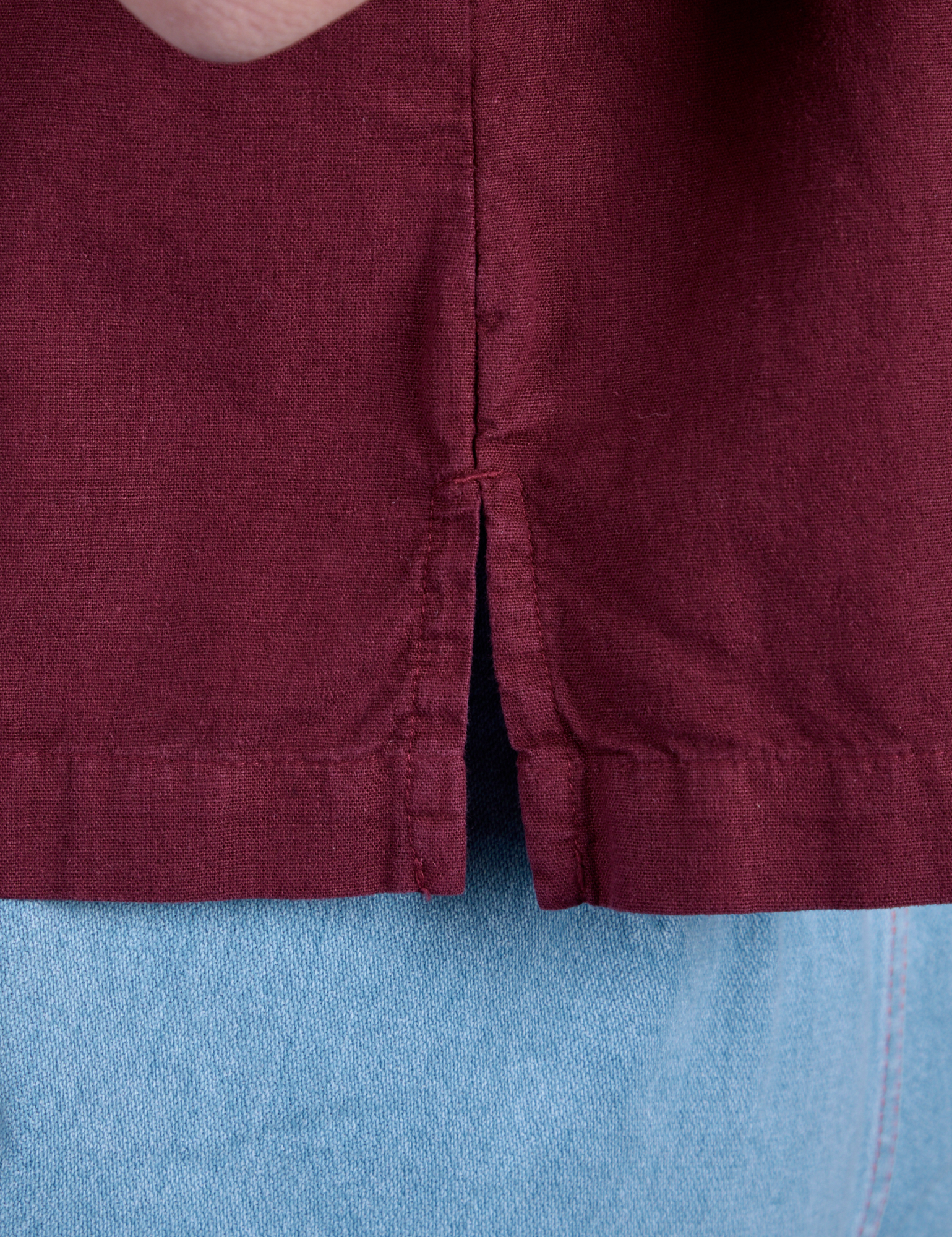 Painted Pantry Button-Up in Red Wine side vent close up