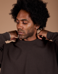 Long Sleeve Burly Tee in Espresso Brown front close up on Jerrod