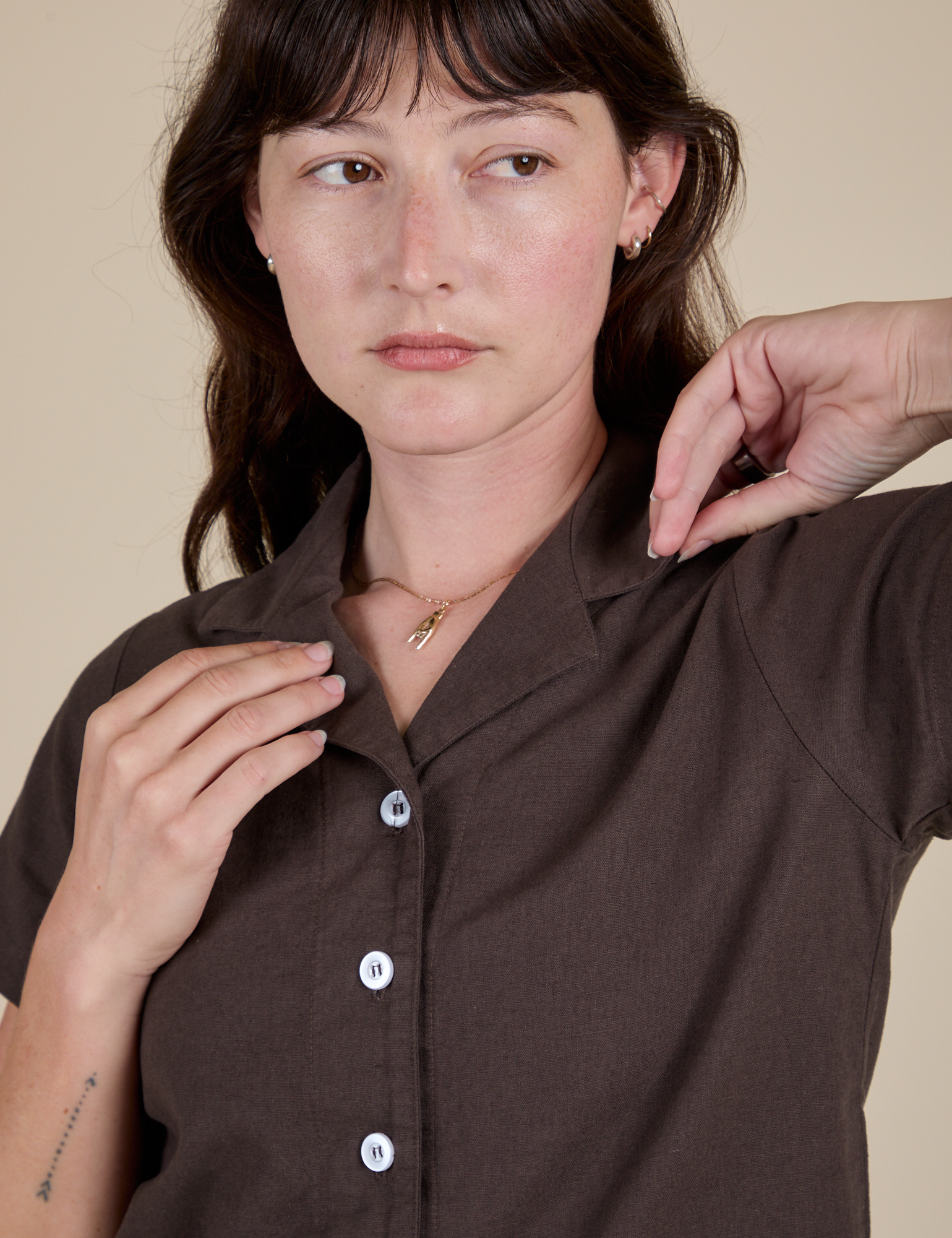 Pantry Button-Up in Espresso Brown front close up on Alex