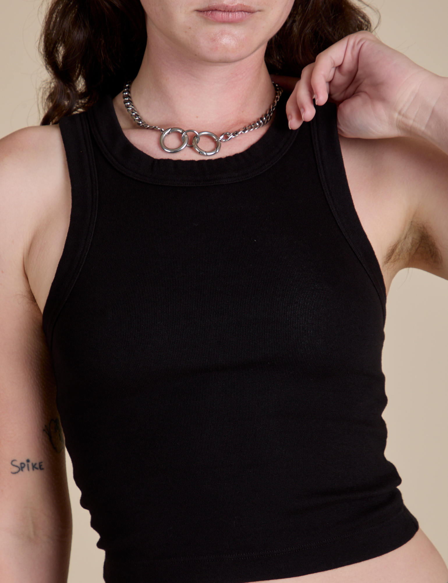 Racerback Tank in Black close up on Alex