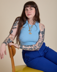 Racerback Tank in Baby Blue and royal blue Work Pants on Sydney
